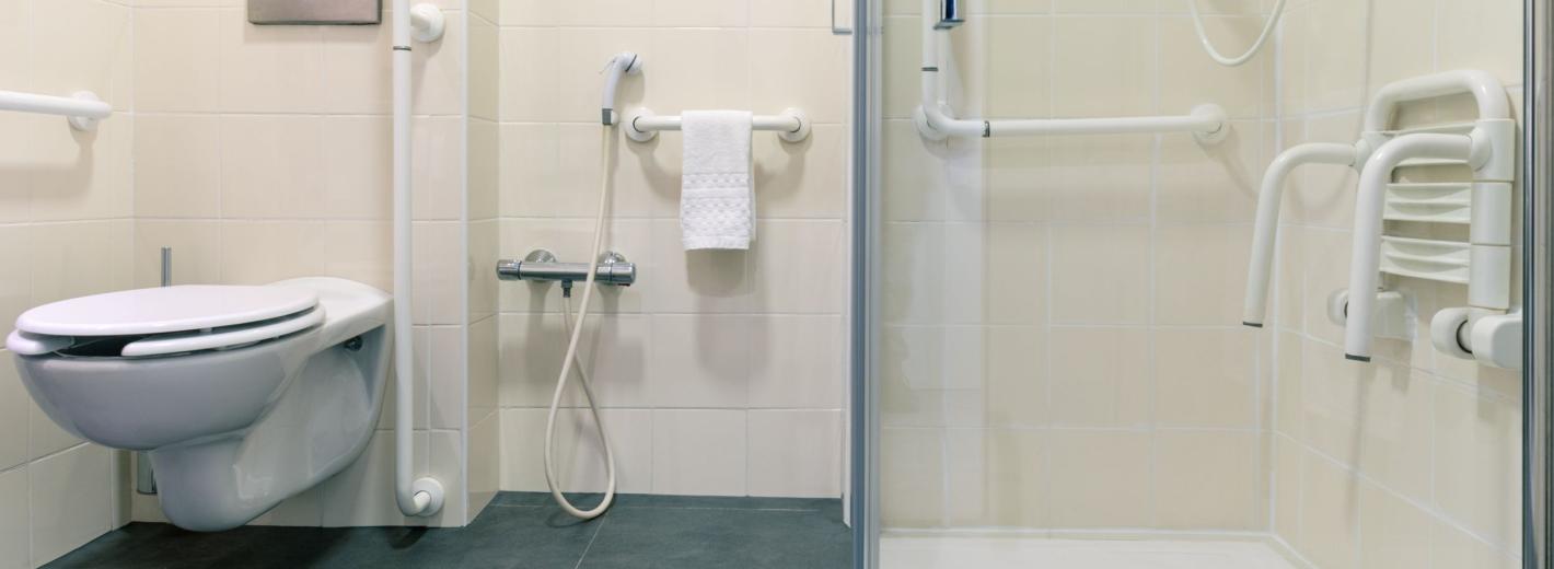 Baño accesible y moderno, con ducha y barras de seguridad.